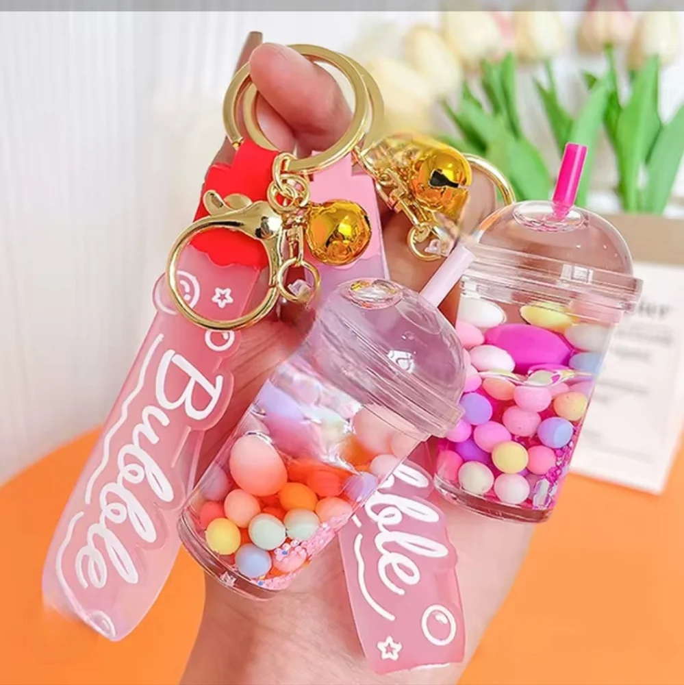 Pink Pearl Bubble Milk Tea‎ Keychain with Gold Accents Boba Drink Purse Charm